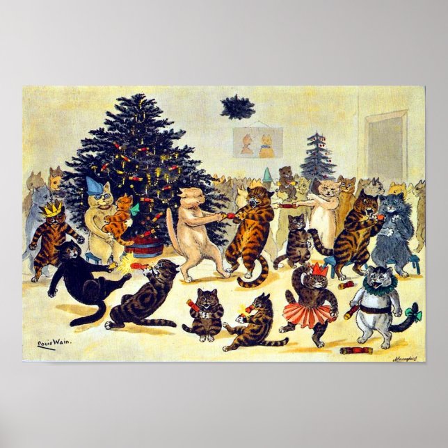 Poster Fête de Noël du chat, Louis Wain (Devant)