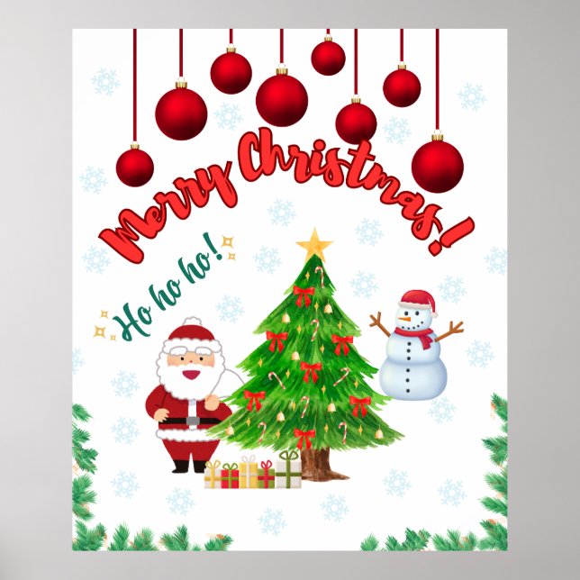Poster Fête de Noël : Père Noël, Snowman & Tree (Devant)