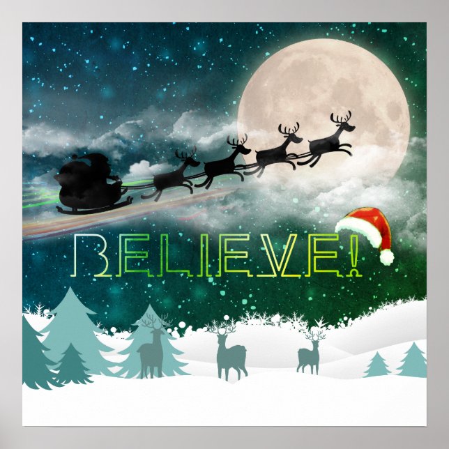 Poster Fête de Noël Santa Hat Reindeer Sleigh (Devant)