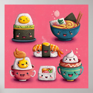 Poster Fête de Sushi Rose Kawaii