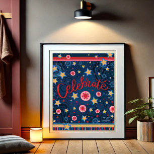Poster Fête des étoiles Fleurs amusantes Bleu Bande