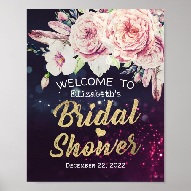 Poster Fête des mariées Bienvenue Boho Plumes florales po (Devant)