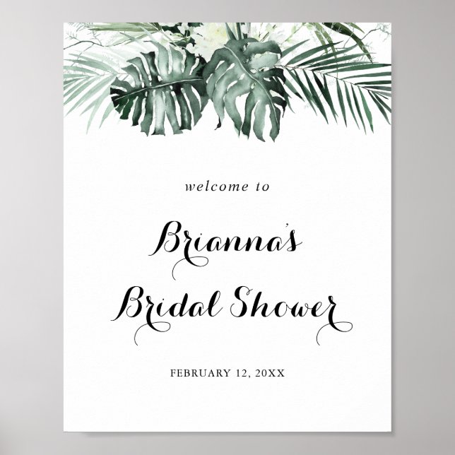 Poster Fête des mariées blanche tropicale Bienvenue (Devant)