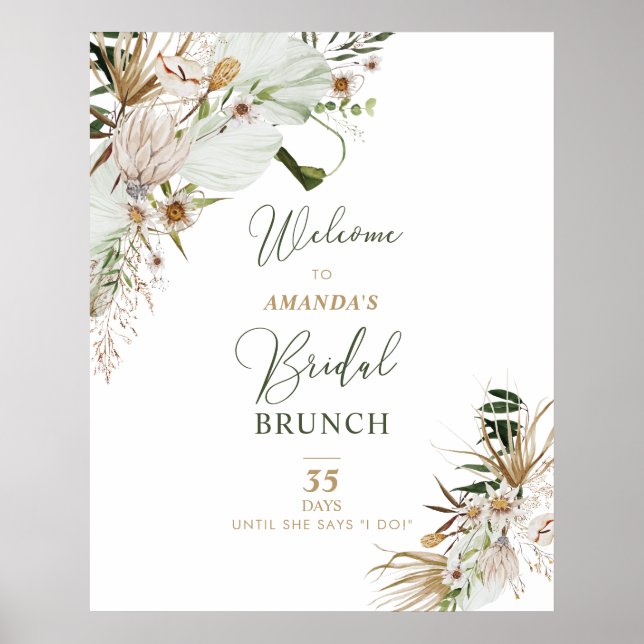 Poster Fête des mariées Boho Gold & Green Brunch Bienvenu (Devant)