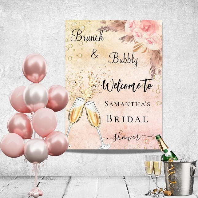 Poster Fête des mariées bubbly brunch fleurs roses bienve (Créateur téléchargé)