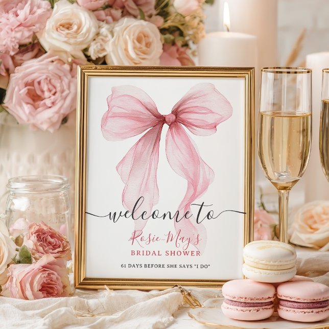 Poster Fête des mariées Chic Coquette Rose Bow (Chic Coquette Pink Bow Bridal Shower Welcome Poster)