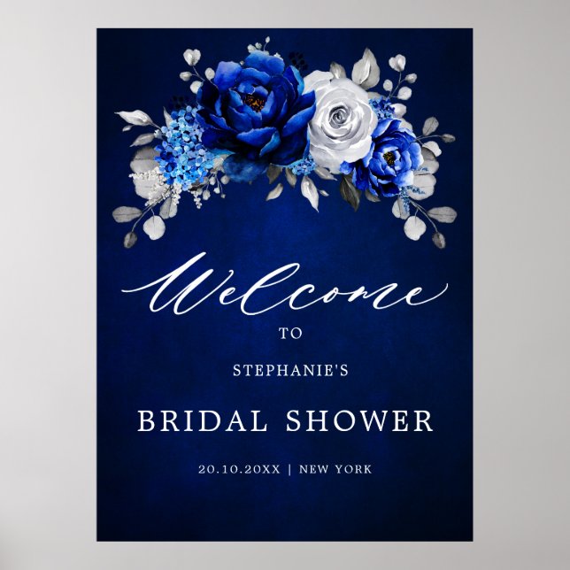 Poster Fête des mariées d'accueil Royal Blue White Silver (Devant)