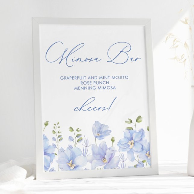 Poster Fête des mariées de bar Dusty Blue Floral Mimosa (Créateur téléchargé)