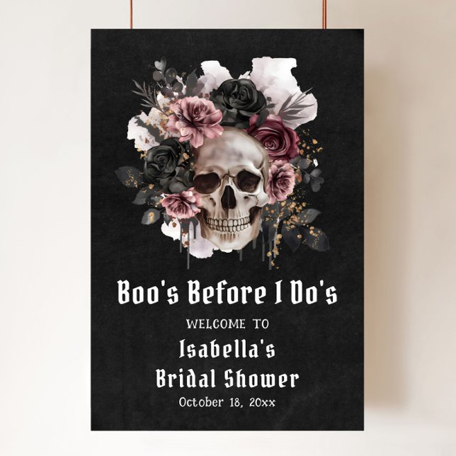 Poster Fête des mariées du crâne floral d'Halloween noir (Boo's Before I Do's Skull Bridal Shower Welcome Sign
)