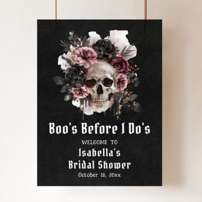 Poster Fête des mariées du crâne floral d'Halloween noir (Boo's Before I Do's Skull Bridal Shower Welcome Sign)