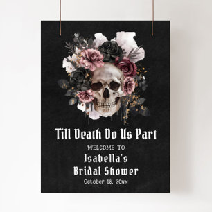 Poster Fête des mariées du crâne floral d'Halloween noir