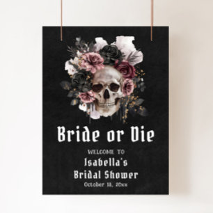 Poster Fête des mariées du crâne floral d'Halloween noir