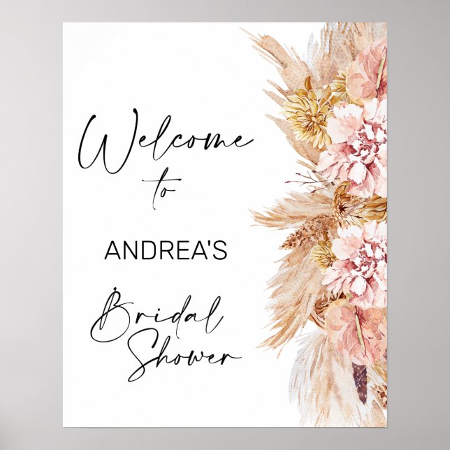 Poster Fête des mariées en laiton Blush Boho Pampas Bienv (Devant)