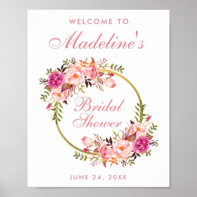 Poster Fête des mariées en or rose Floral Wreath (Devant)