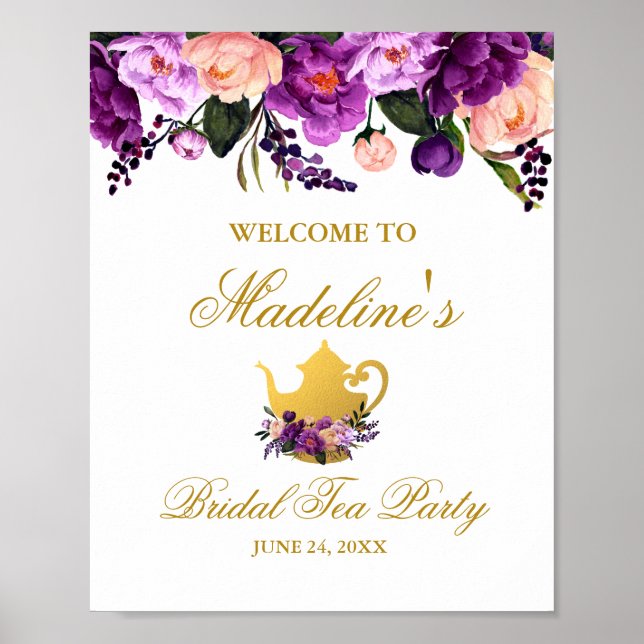 Poster Fête des mariées fleurie violet Thé Gold Bienvenue (Devant)
