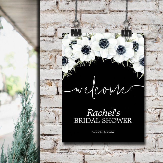 Poster Fête des mariées florale aquarelle Bienvenue (Watercolor black and white floral bridal shower welcome poster)