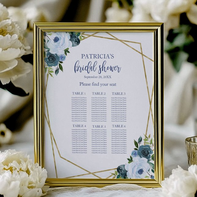 Poster Fête des mariées florale Dusty Blue Gold (Créateur téléchargé)