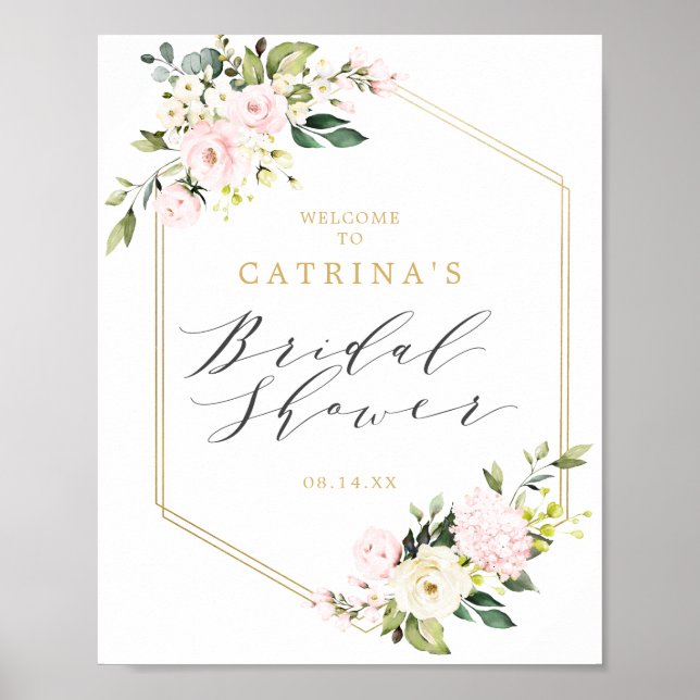 Poster Fête des mariées florale Géométrique Or Bienvenue (Devant)