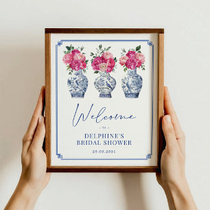 Poster Fête des mariées florale rose Bienvenue