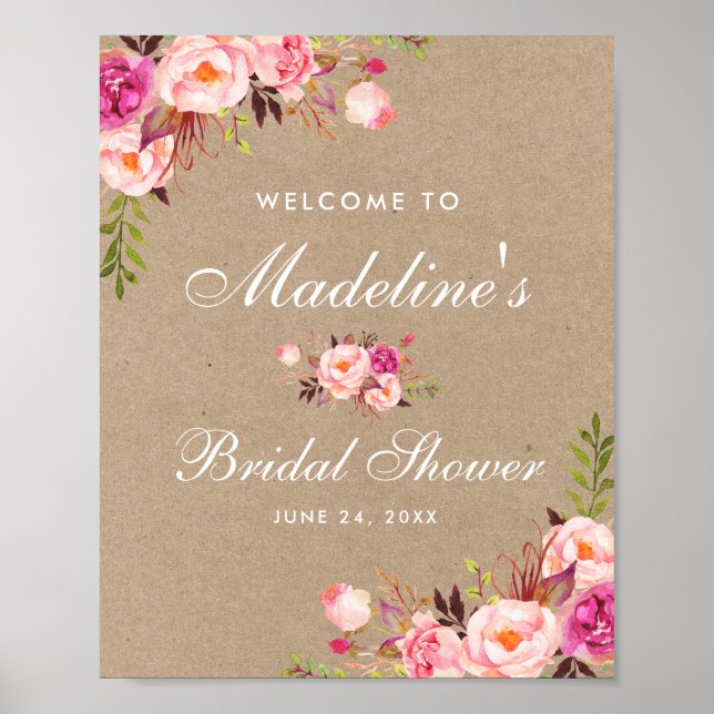 Poster Fête des mariées florale rose Kraft Bienvenue (Devant)