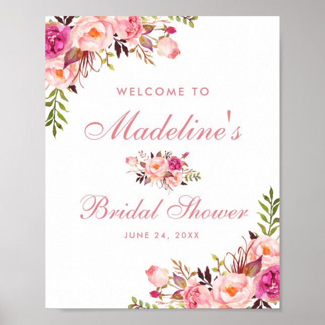 Poster Fête des mariées florale rose pâle Bienvenue (Devant)