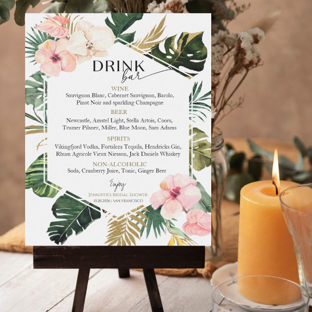 Poster Fête des mariées florale tropicale Boissons Menu S (Créateur téléchargé)