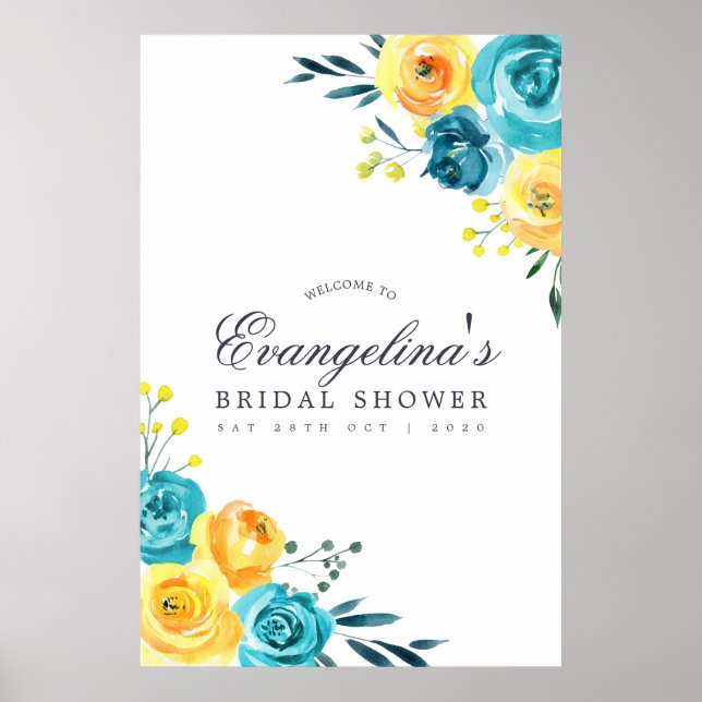 Poster Fête des mariées florale turquoise et jaune Accuei (Devant)