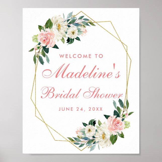 Poster Fête des mariées Gold Frame Rose Blush Floral Welc (Devant)