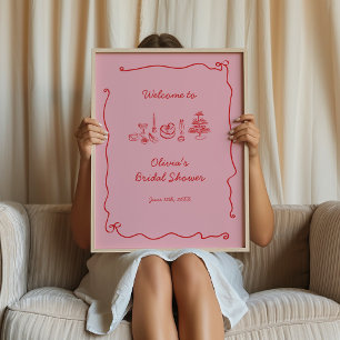 Poster Fête des mariées manuscrite rose rouge Bienvenue