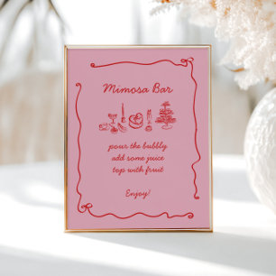 Poster Fête des mariées manuscrite rouge rose Mimosa Bar
