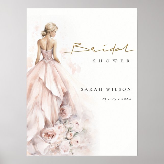 Poster Fête des mariées moderne Blush Floral Mariage Gown (Devant)
