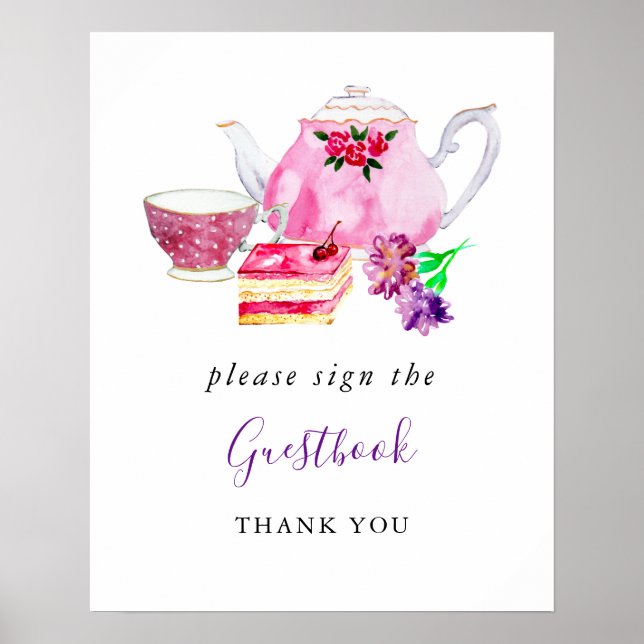 Poster Fête des mariées Tea Party Purple Signer le livre  (Devant)