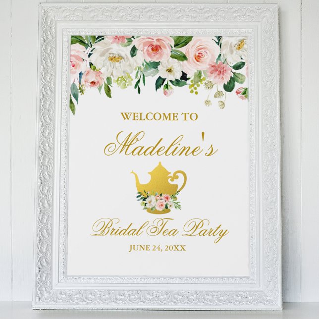 Poster Fête des mariées Tea Party Rose Floral Gold Bienve (Customize to change text style, color or size.)