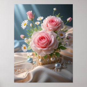 Poster Fête des mères Roses roses délicates et marguerite