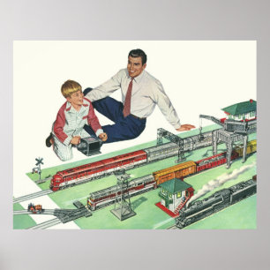Poster Fête des pères vintage, père et fils avec Trains