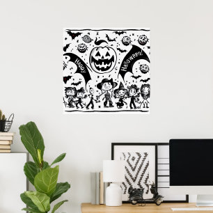 Poster Fête d'Halloween en noir et blanc 