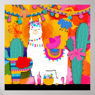 Poster Fête Llama Cinco De Mayo Coloré Amusement Aquarell