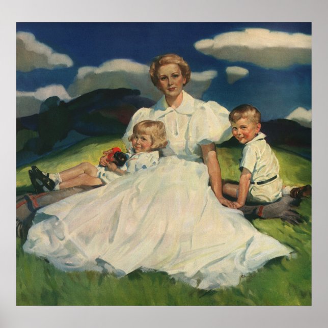 Poster Fête vintage des mères, maman avec enfants (Devant)