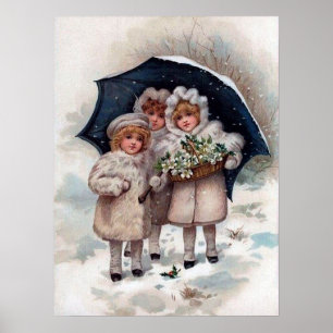 Poster fête vintage Noël enfants Vacances