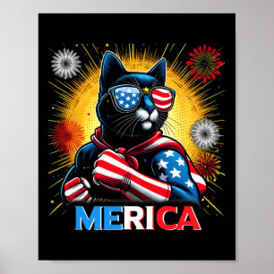 Poster Feu d'artifice Chat noir patriotique Drapeau améri