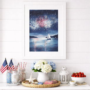 Poster Feu d'artifice du 4 juillet sur un voilier - Œuvre