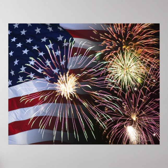 Poster Feu d'artifice et drapeau américain (Devant)