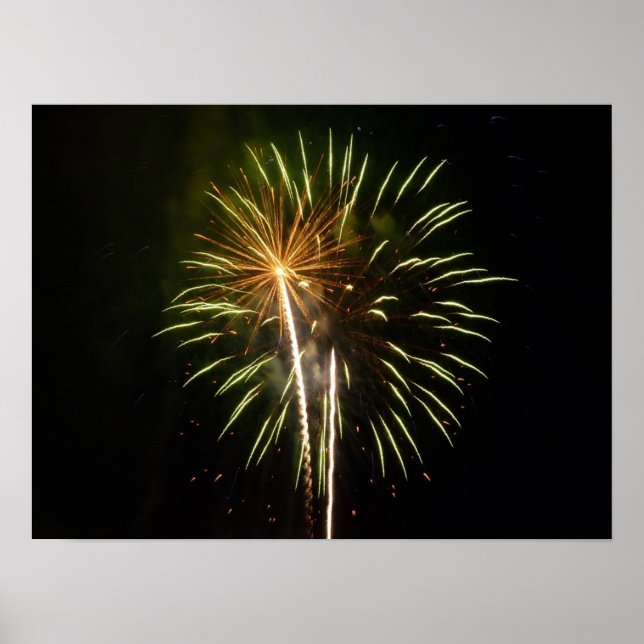 Poster Feu d'artifice vert et or Fête de vacances (Devant)