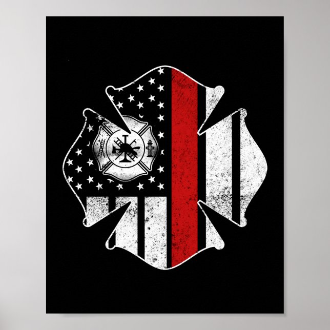 Poster Feu pompier USA Drapeau mince ligne rouge (Devant)