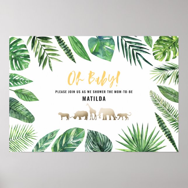 Poster Feuillage tropical + animaux d'or baby shower (Devant)
