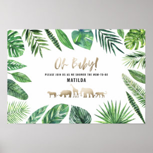 Poster Feuillage tropical + animaux d'or baby shower