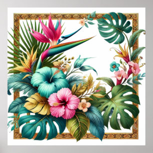 Poster Feuillage Tropical Iridescent dans un Cadre Carré