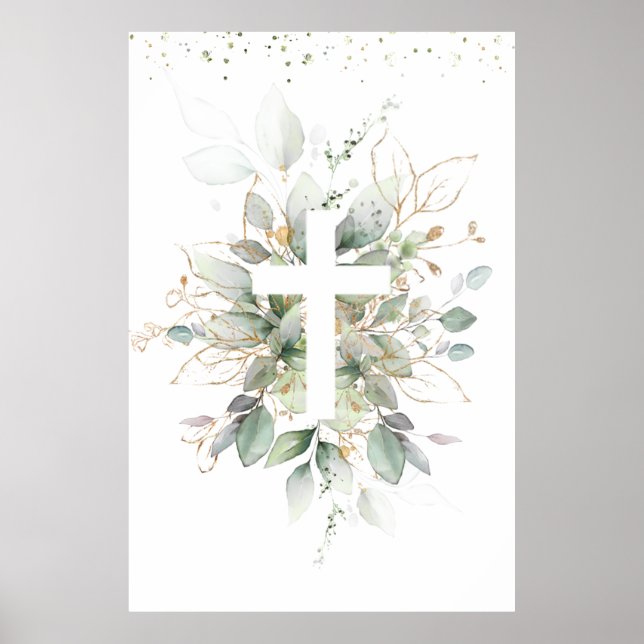 Poster Feuillage verdure Croix Baptême de bébé  (Devant)