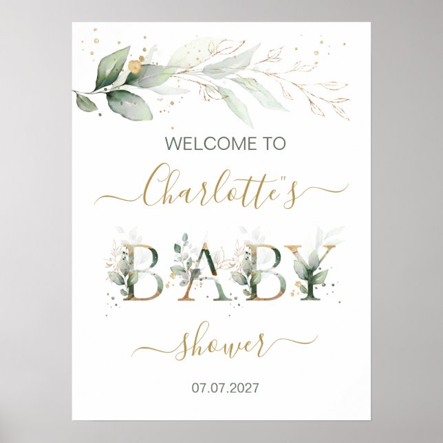 Poster Feuillage vert et or Baby shower de bienvenue (Devant)