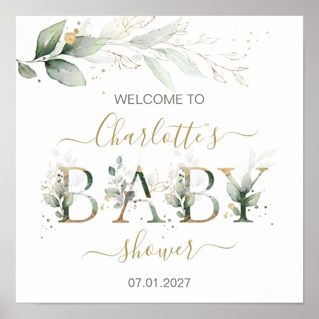 Poster Feuillage vert et or Baby shower de bienvenue (Devant)